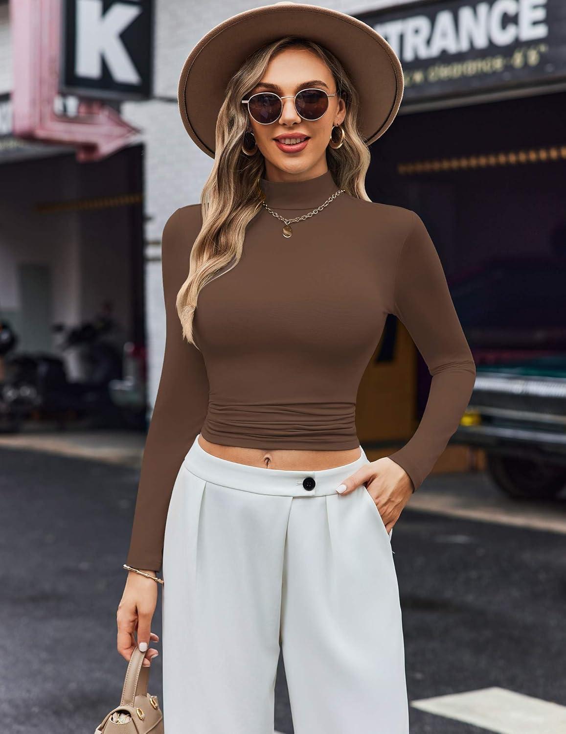 imageEkouaer Womens 3 Pack Turtleneck Shirts Long Sleeve Mock Tops Lightweight Basic Layering ThermalBlackWhiteBrown