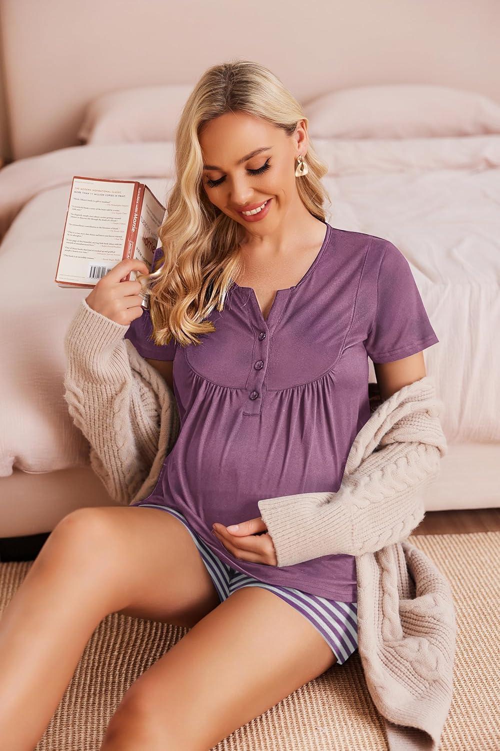 imageEkouaer Womens Maternity Nursing Pajama Sets Short Sleeve Postpartum Pajamas Breastfeeding Pregnancy ClothesPurple Stripe