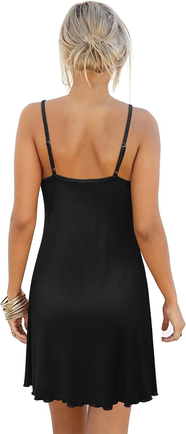 imageEkouaer Womens Nightgown Sleeveless Lace Chemise Sleepwear Ribbed Knit Night DressBlack