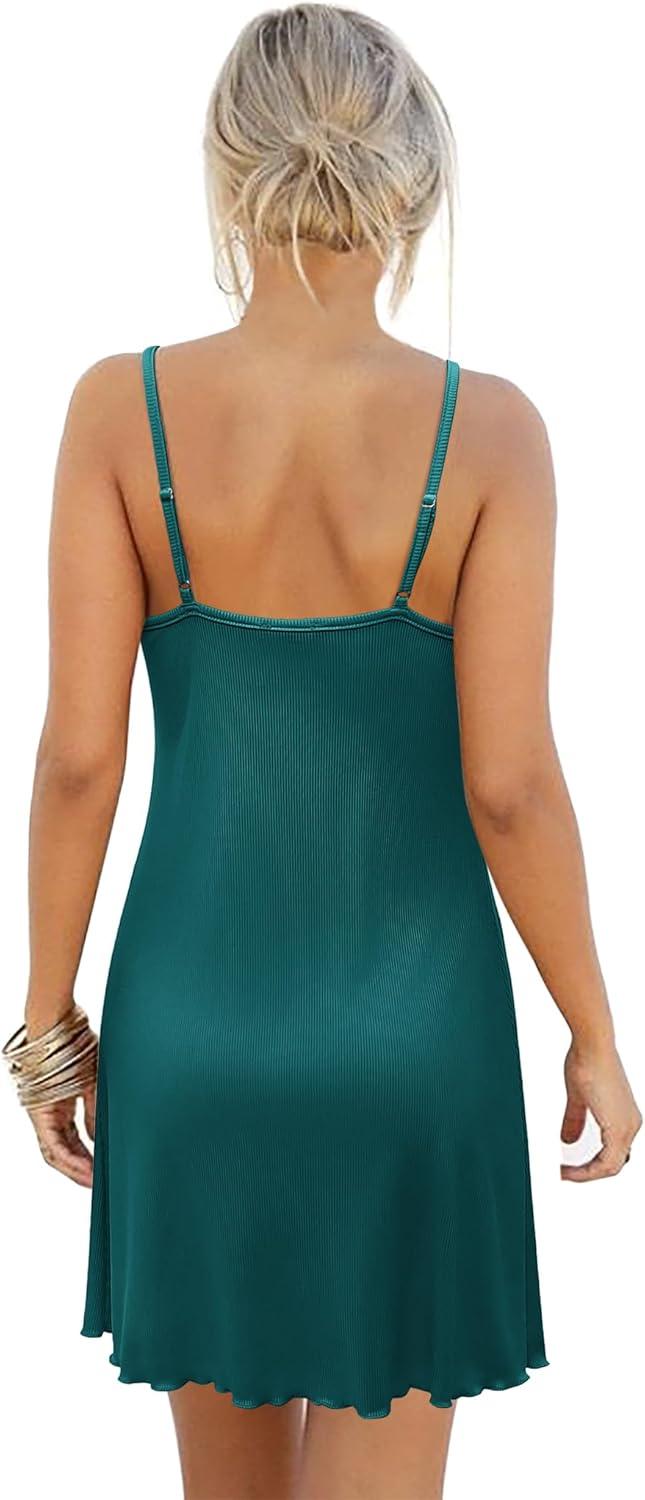 imageEkouaer Womens Nightgown Sleeveless Lace Chemise Sleepwear Ribbed Knit Night DressBlue Green