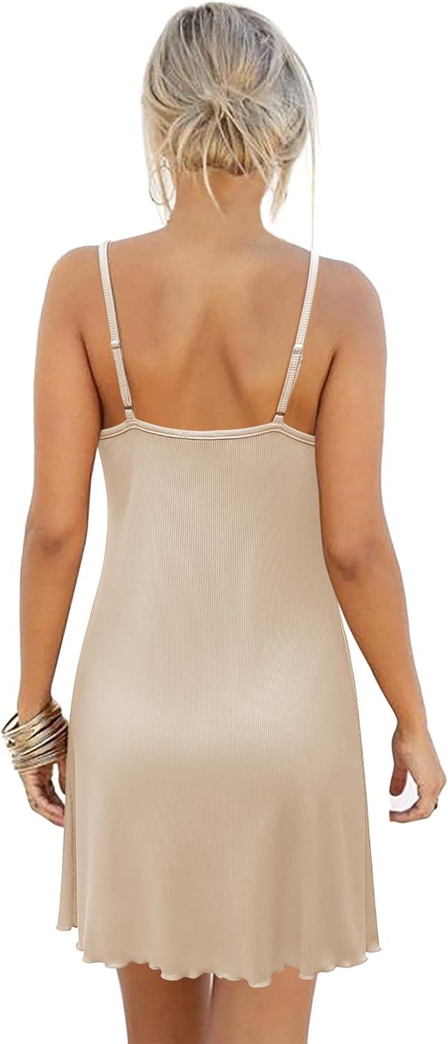 imageEkouaer Womens Nightgown Sleeveless Lace Chemise Sleepwear Ribbed Knit Night DressChampagne