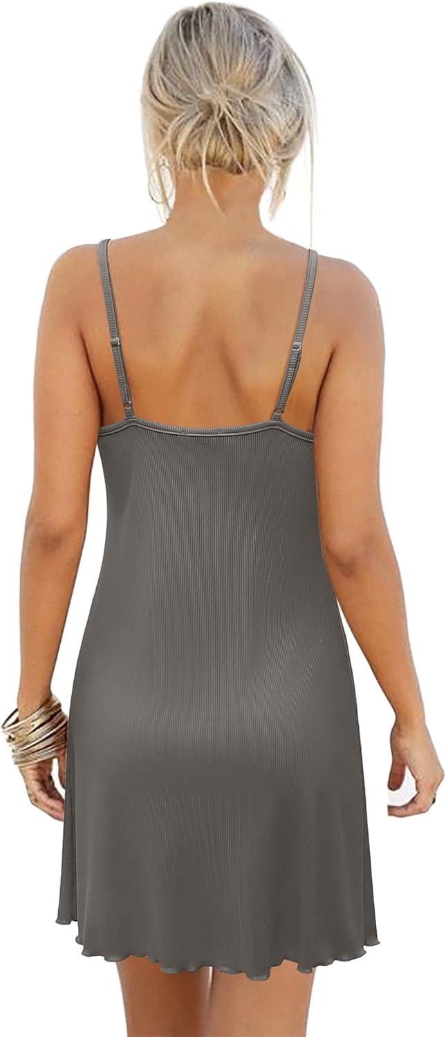 imageEkouaer Womens Nightgown Sleeveless Lace Chemise Sleepwear Ribbed Knit Night DressDark Grey