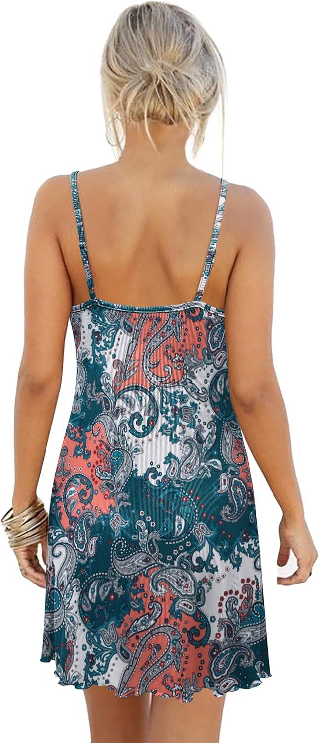 imageEkouaer Womens Nightgown Sleeveless Lace Chemise Sleepwear Ribbed Knit Night DressGreen Ethnic