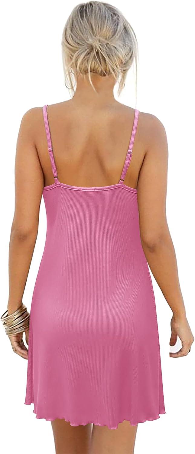 imageEkouaer Womens Nightgown Sleeveless Lace Chemise Sleepwear Ribbed Knit Night DressHot Pink