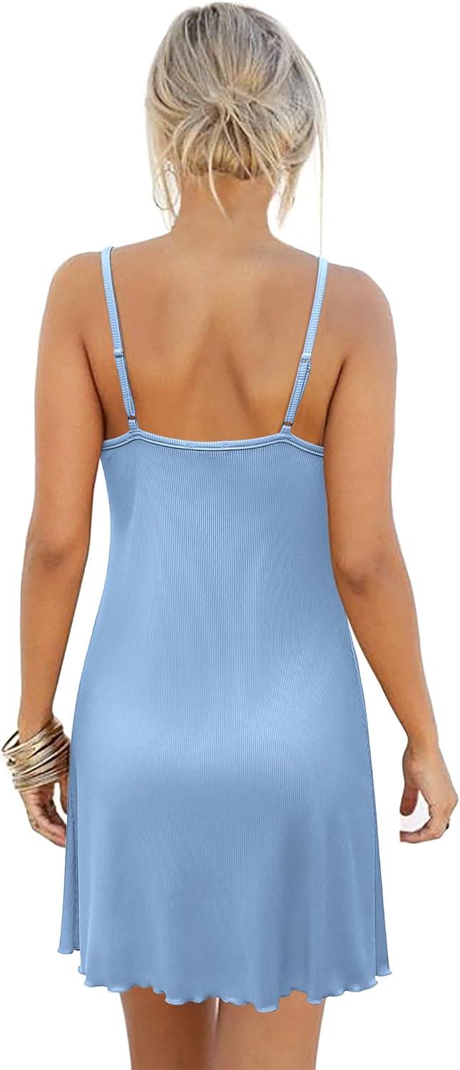imageEkouaer Womens Nightgown Sleeveless Lace Chemise Sleepwear Ribbed Knit Night DressLight Blue