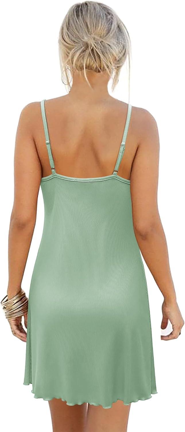 imageEkouaer Womens Nightgown Sleeveless Lace Chemise Sleepwear Ribbed Knit Night DressLight Green