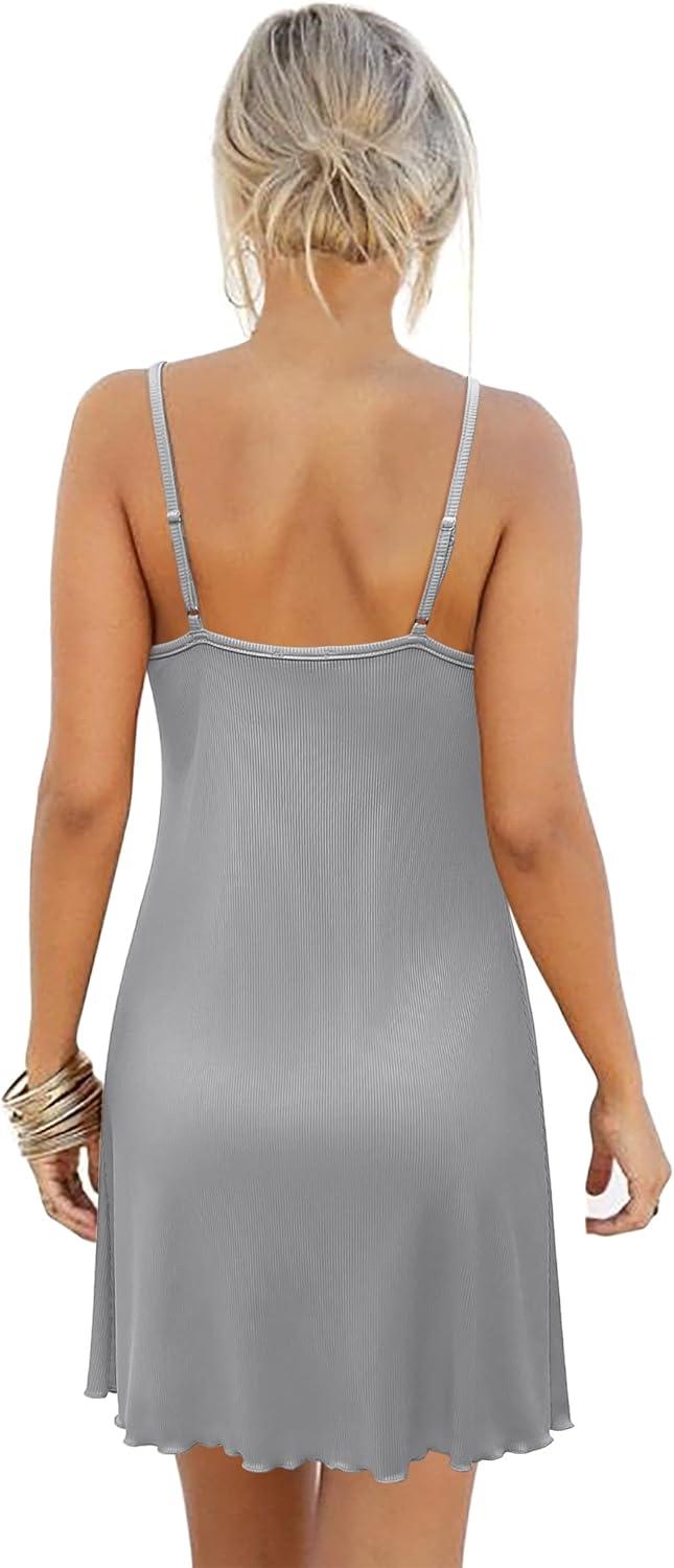 imageEkouaer Womens Nightgown Sleeveless Lace Chemise Sleepwear Ribbed Knit Night DressLight Grey