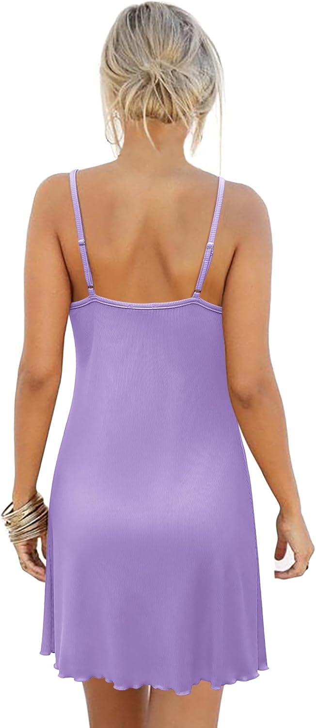 imageEkouaer Womens Nightgown Sleeveless Lace Chemise Sleepwear Ribbed Knit Night DressLilac