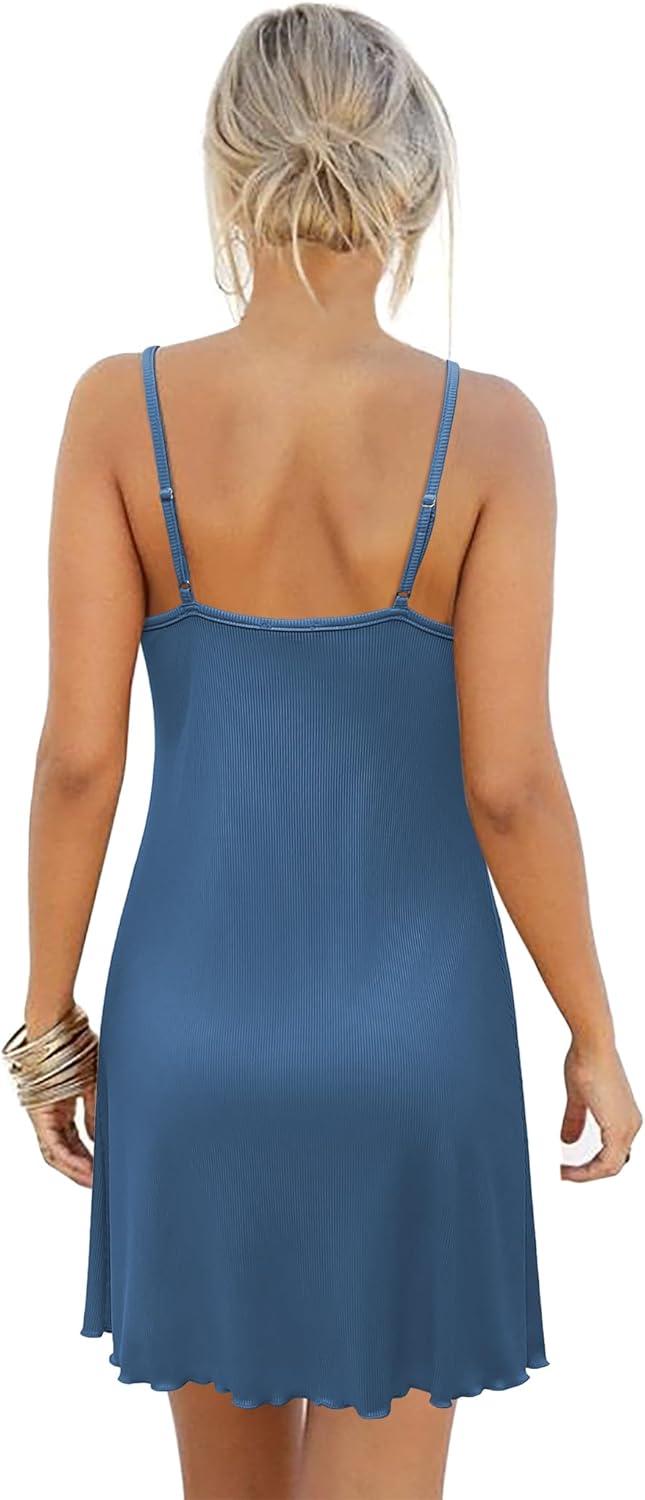 imageEkouaer Womens Nightgown Sleeveless Lace Chemise Sleepwear Ribbed Knit Night DressNavy