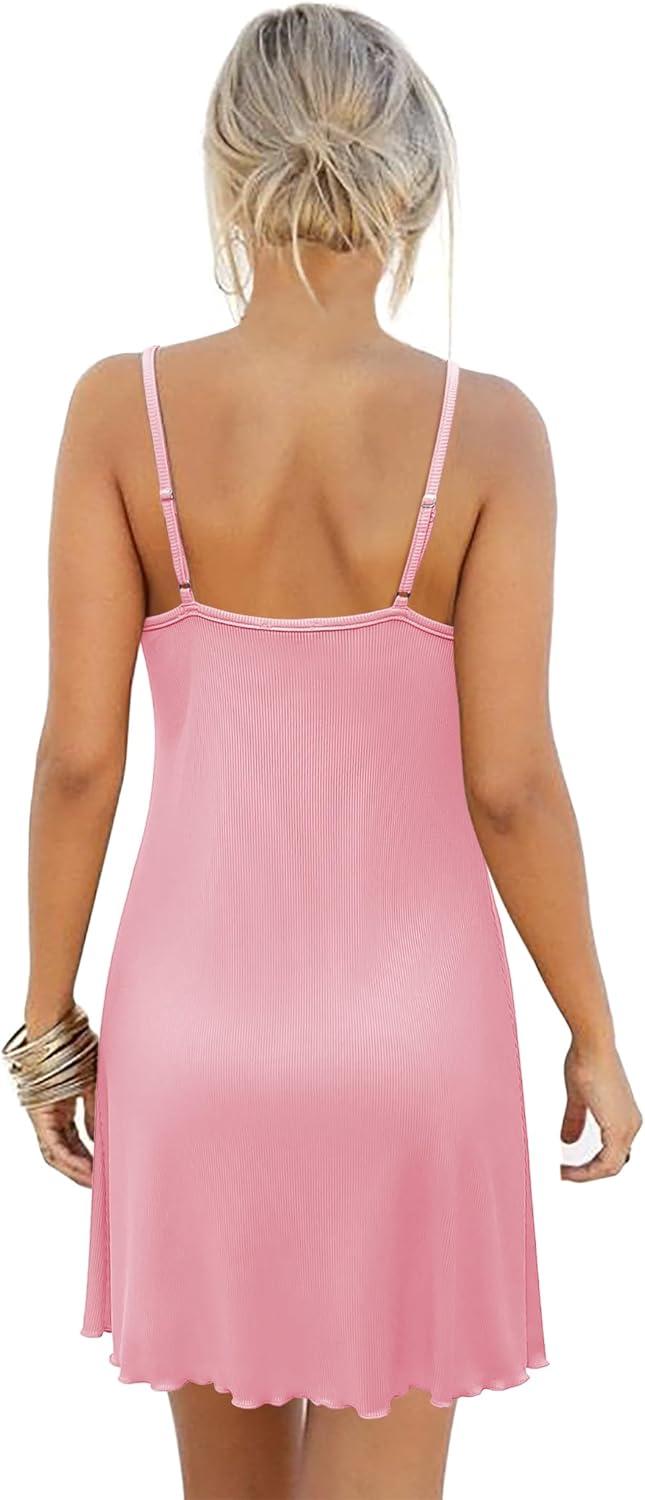 imageEkouaer Womens Nightgown Sleeveless Lace Chemise Sleepwear Ribbed Knit Night DressPink