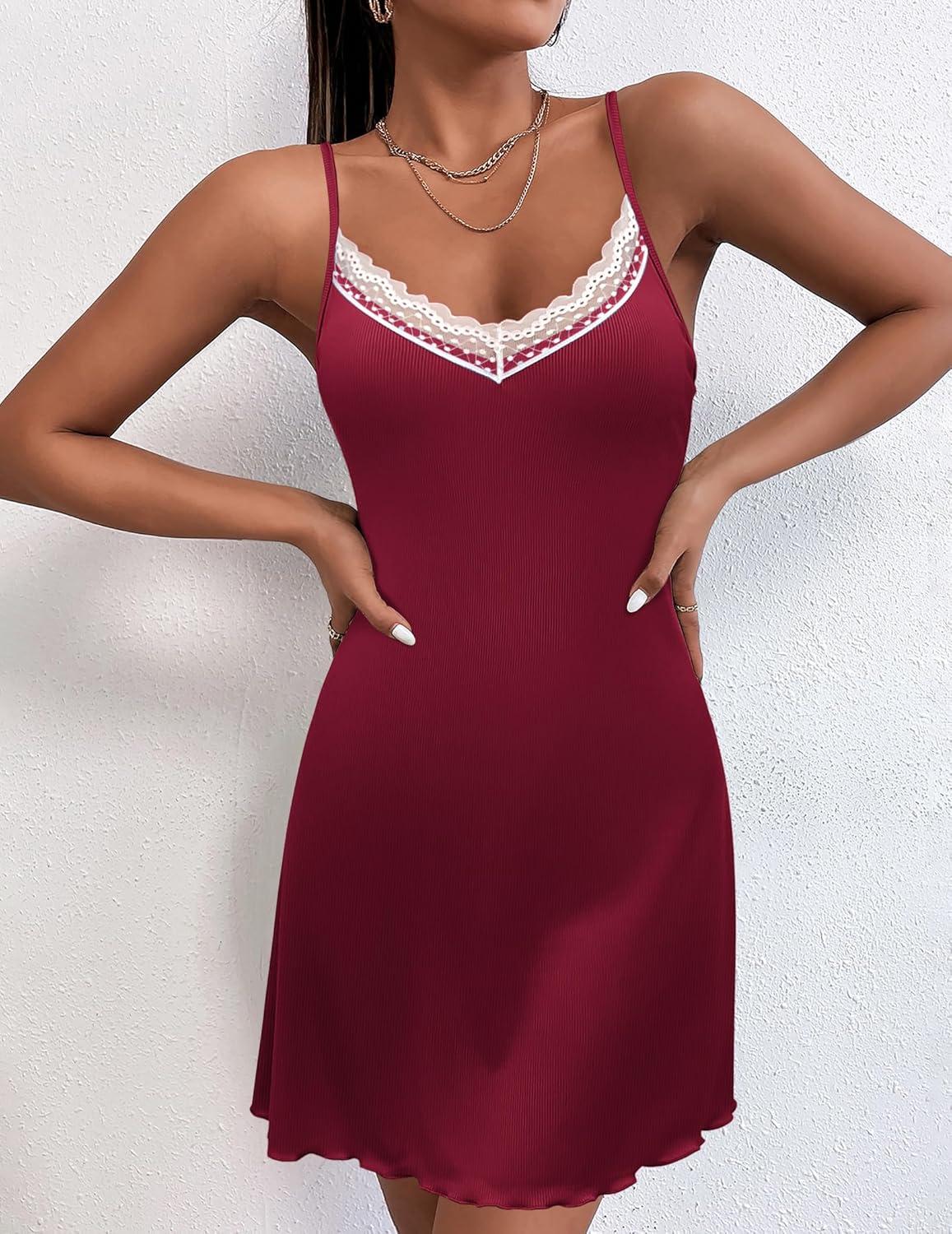 imageEkouaer Womens Nightgown Sleeveless Lace Chemise Sleepwear Ribbed Knit Night DressRed