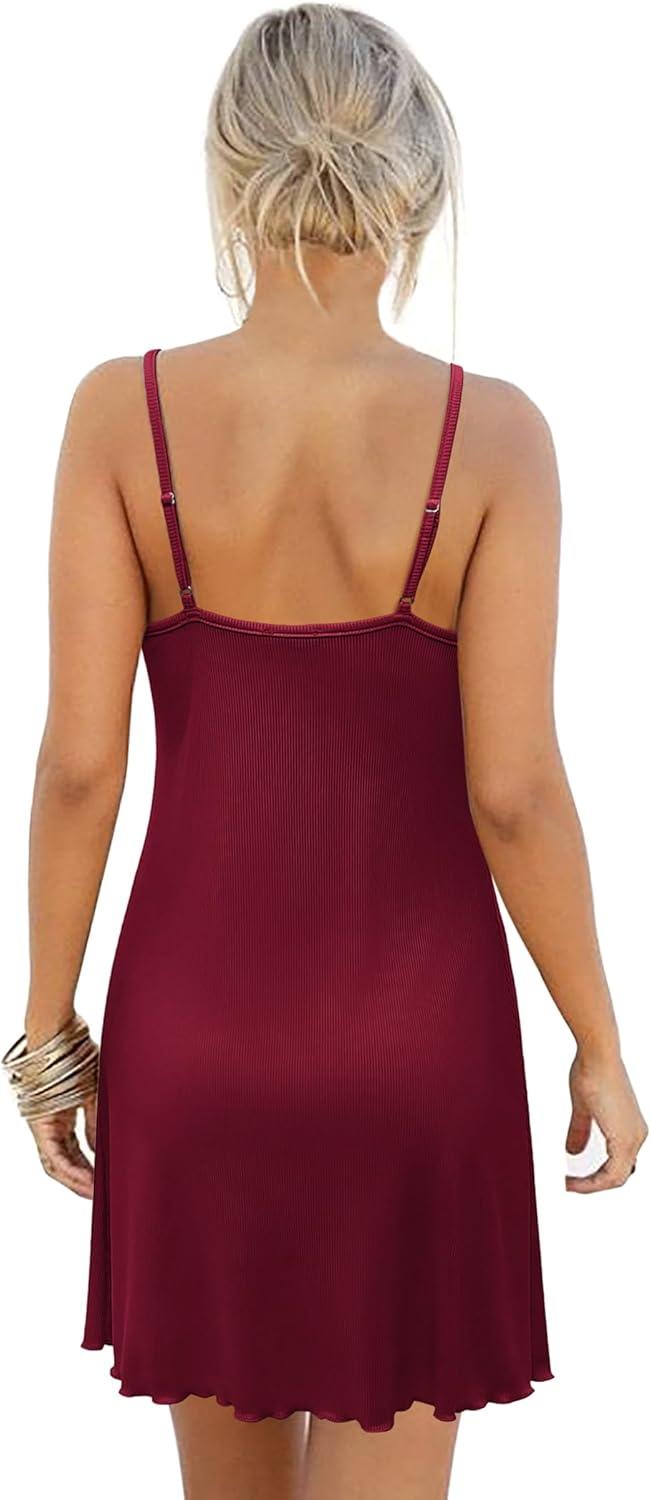 imageEkouaer Womens Nightgown Sleeveless Lace Chemise Sleepwear Ribbed Knit Night DressRed
