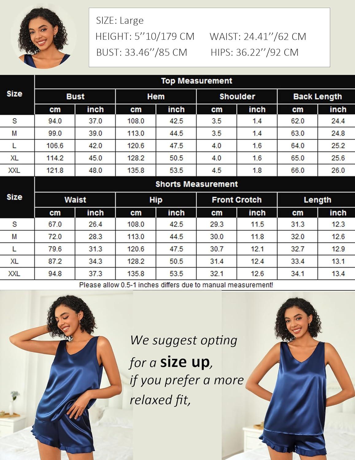 imageEkouaer Womens Silk Pajamas Set 2 Piece Satin Camisole Pjs V Neck Tank Top and Shorts with Ruffle SleepwearBlack