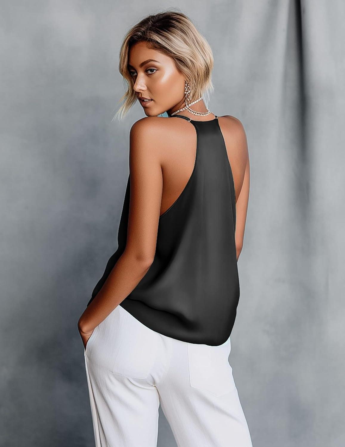 imageEkouaer Womens Silk Satin Camisole Tank Tops V Neck Sleeveless Spaghetti Straps Blouse Casual Racerback ShirtBlackWhite