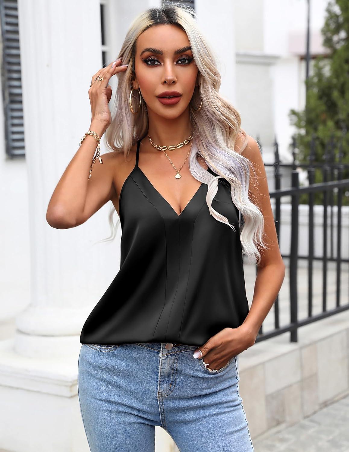 imageEkouaer Womens Silk Satin Camisole Tank Tops V Neck Sleeveless Spaghetti Straps Blouse Casual Racerback ShirtLeopardBlack