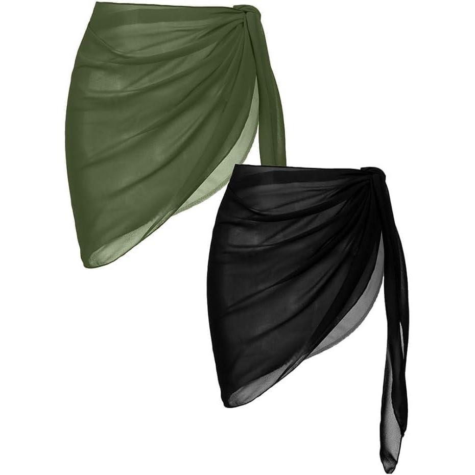 imageEkouaer 2 Pcs Sarong Coverups for Women Beach Wrap Skirt Chiffon Swimsuit Coverup for Swimwear SXXLAblackarmy Green