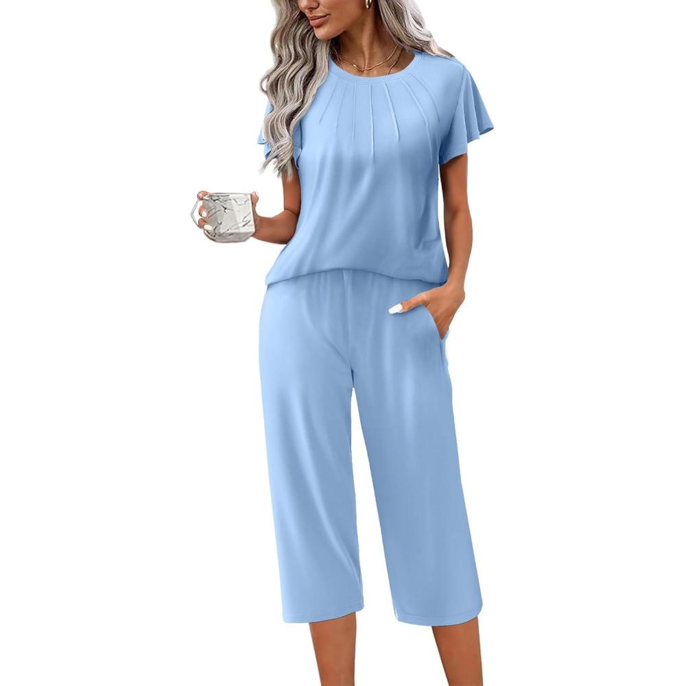 imageEkouaer Capri Pajamas Set Womens Ruffle Sleeve Top and Capri Pants Soft Sleepwear Loungewear with PocketsBaby Blue
