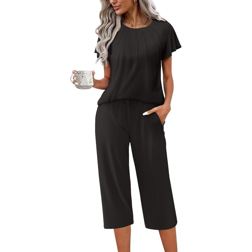 imageEkouaer Capri Pajamas Set Womens Ruffle Sleeve Top and Capri Pants Soft Sleepwear Loungewear with PocketsBlack