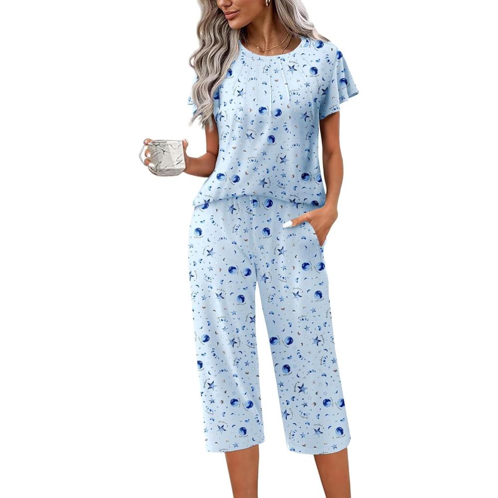imageEkouaer Capri Pajamas Set Womens Ruffle Sleeve Top and Capri Pants Soft Sleepwear Loungewear with PocketsBlue Stars