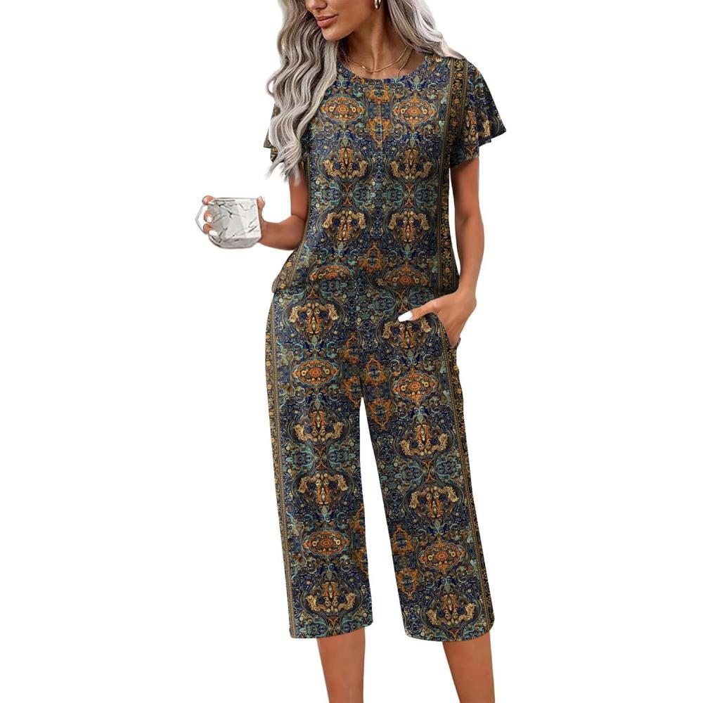imageEkouaer Capri Pajamas Set Womens Ruffle Sleeve Top and Capri Pants Soft Sleepwear Loungewear with PocketsBrown Ethnic