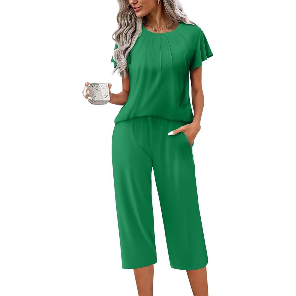 imageEkouaer Capri Pajamas Set Womens Ruffle Sleeve Top and Capri Pants Soft Sleepwear Loungewear with PocketsGreen
