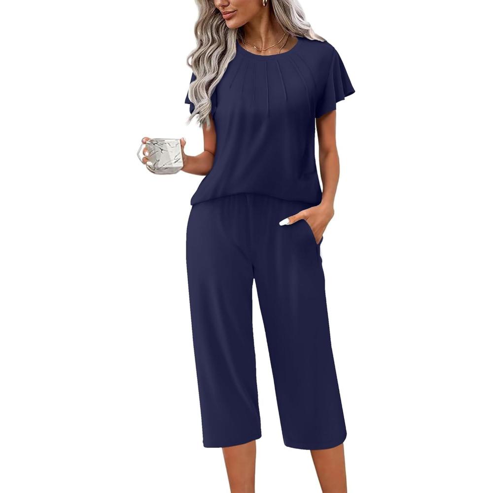 imageEkouaer Capri Pajamas Set Womens Ruffle Sleeve Top and Capri Pants Soft Sleepwear Loungewear with PocketsNavy Blue