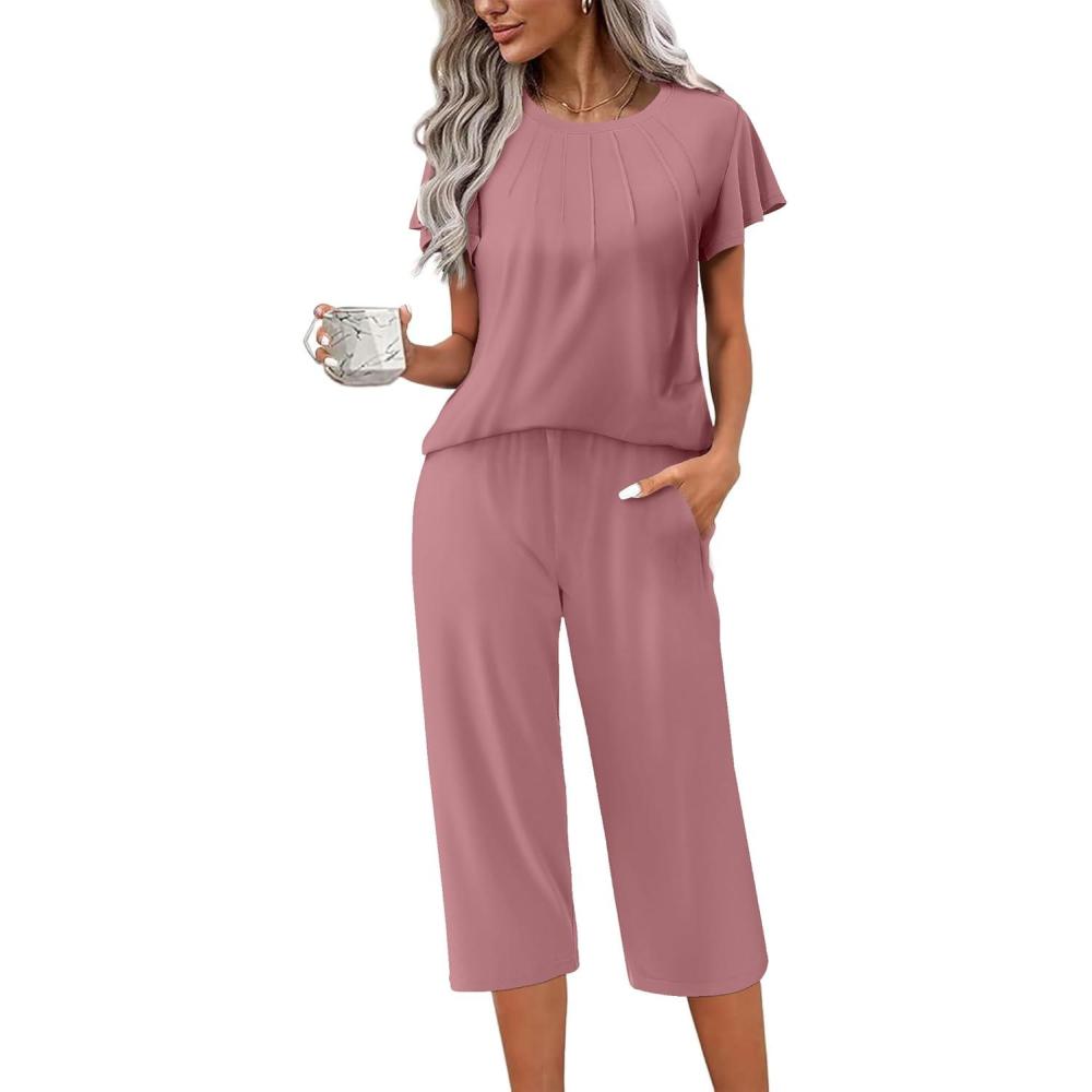 imageEkouaer Capri Pajamas Set Womens Ruffle Sleeve Top and Capri Pants Soft Sleepwear Loungewear with PocketsPale Violet Red