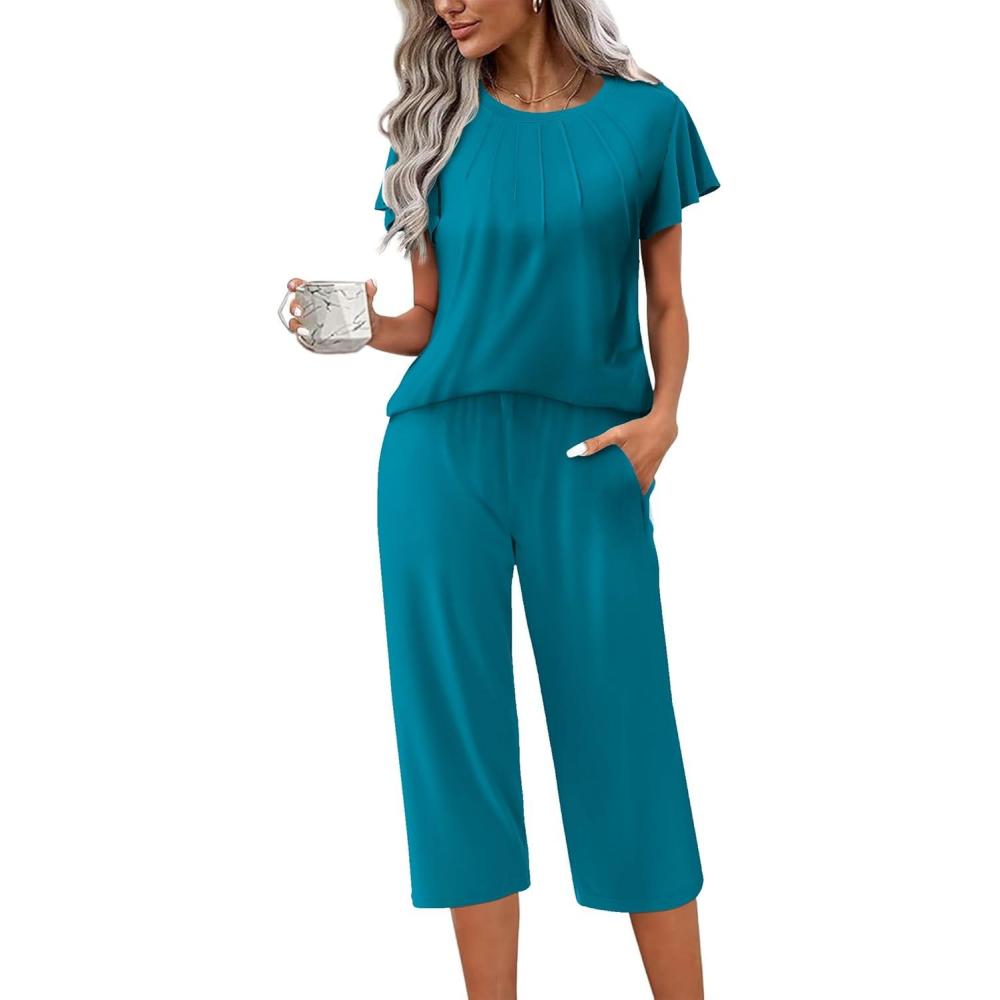 imageEkouaer Capri Pajamas Set Womens Ruffle Sleeve Top and Capri Pants Soft Sleepwear Loungewear with PocketsPeacock Blue