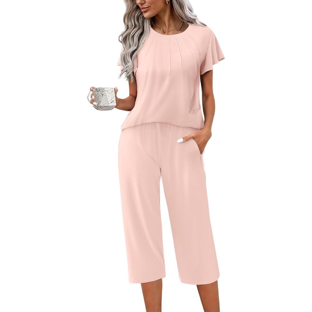 imageEkouaer Capri Pajamas Set Womens Ruffle Sleeve Top and Capri Pants Soft Sleepwear Loungewear with PocketsPink