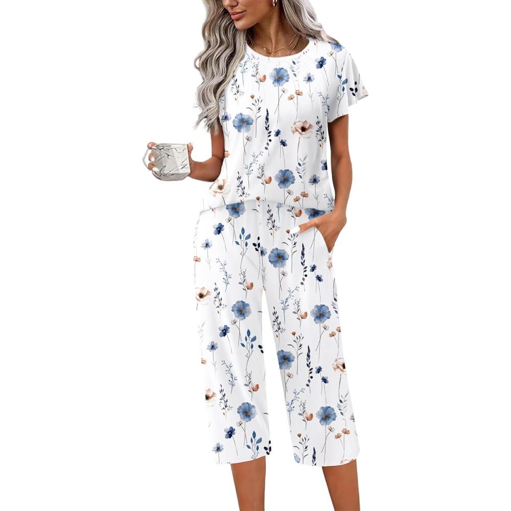 imageEkouaer Capri Pajamas Set Womens Ruffle Sleeve Top and Capri Pants Soft Sleepwear Loungewear with PocketsWhite Floral