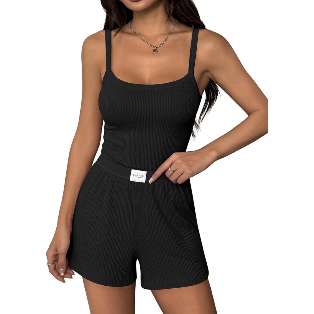 imageEkouaer Lounge Sets for Women 2 Piece Sleeveless Pajamas Sets Knit Casual Summer Cami Tank Tops and ShortsBlack