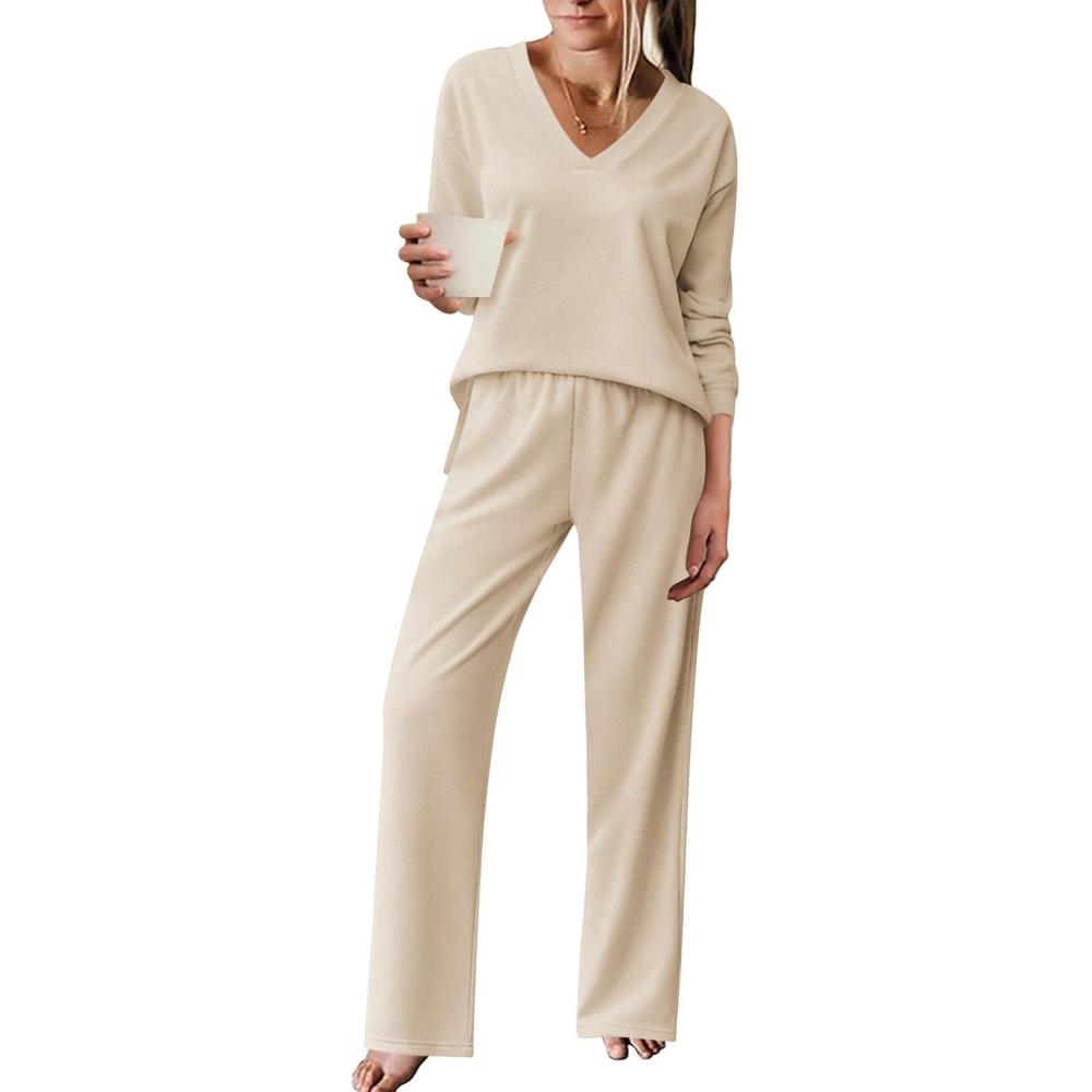 imageEkouaer Pajama for Womens Set Ploar Fleece Long Sleeve Lounge Sets Fall Pjs V Neck Comfy Sleepwear with PocketsKhaki