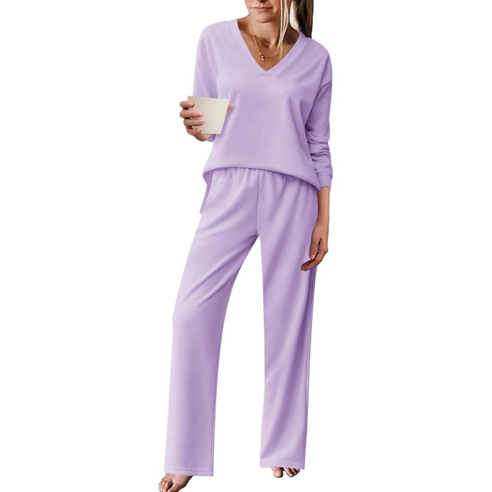 imageEkouaer Pajama for Womens Set Ploar Fleece Long Sleeve Lounge Sets Fall Pjs V Neck Comfy Sleepwear with PocketsLilac