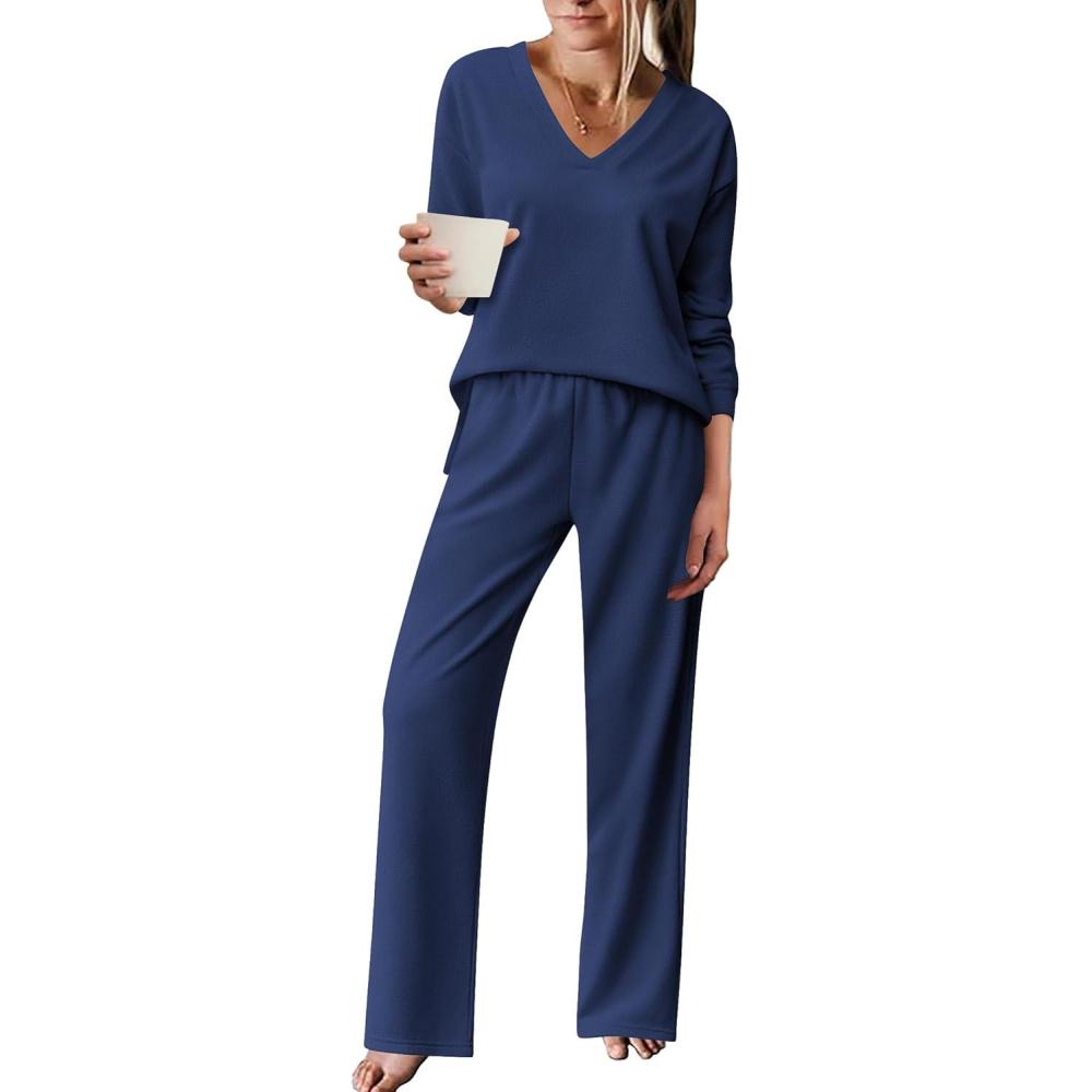imageEkouaer Pajama for Womens Set Ploar Fleece Long Sleeve Lounge Sets Fall Pjs V Neck Comfy Sleepwear with PocketsNavy