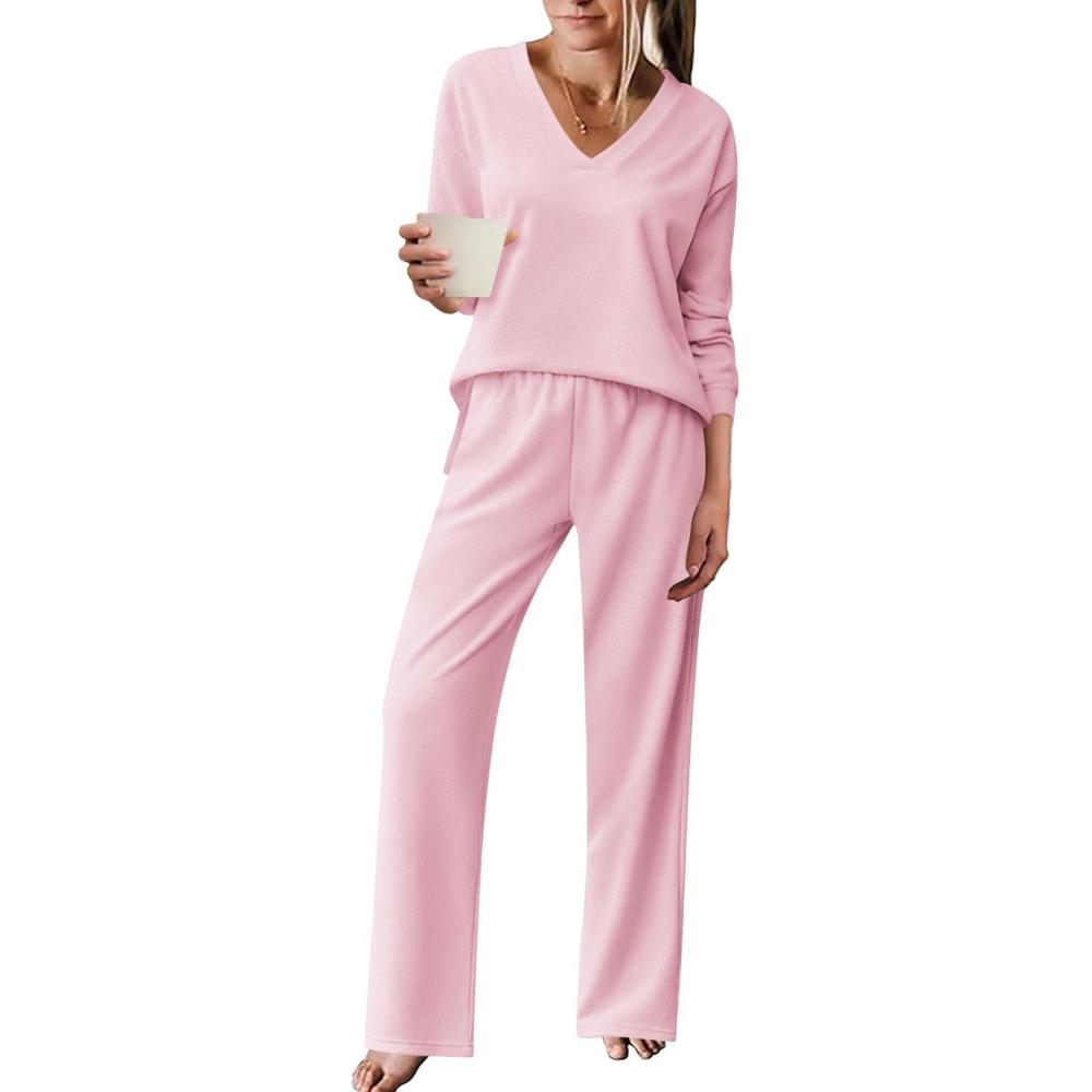 imageEkouaer Pajama for Womens Set Ploar Fleece Long Sleeve Lounge Sets Fall Pjs V Neck Comfy Sleepwear with PocketsPink