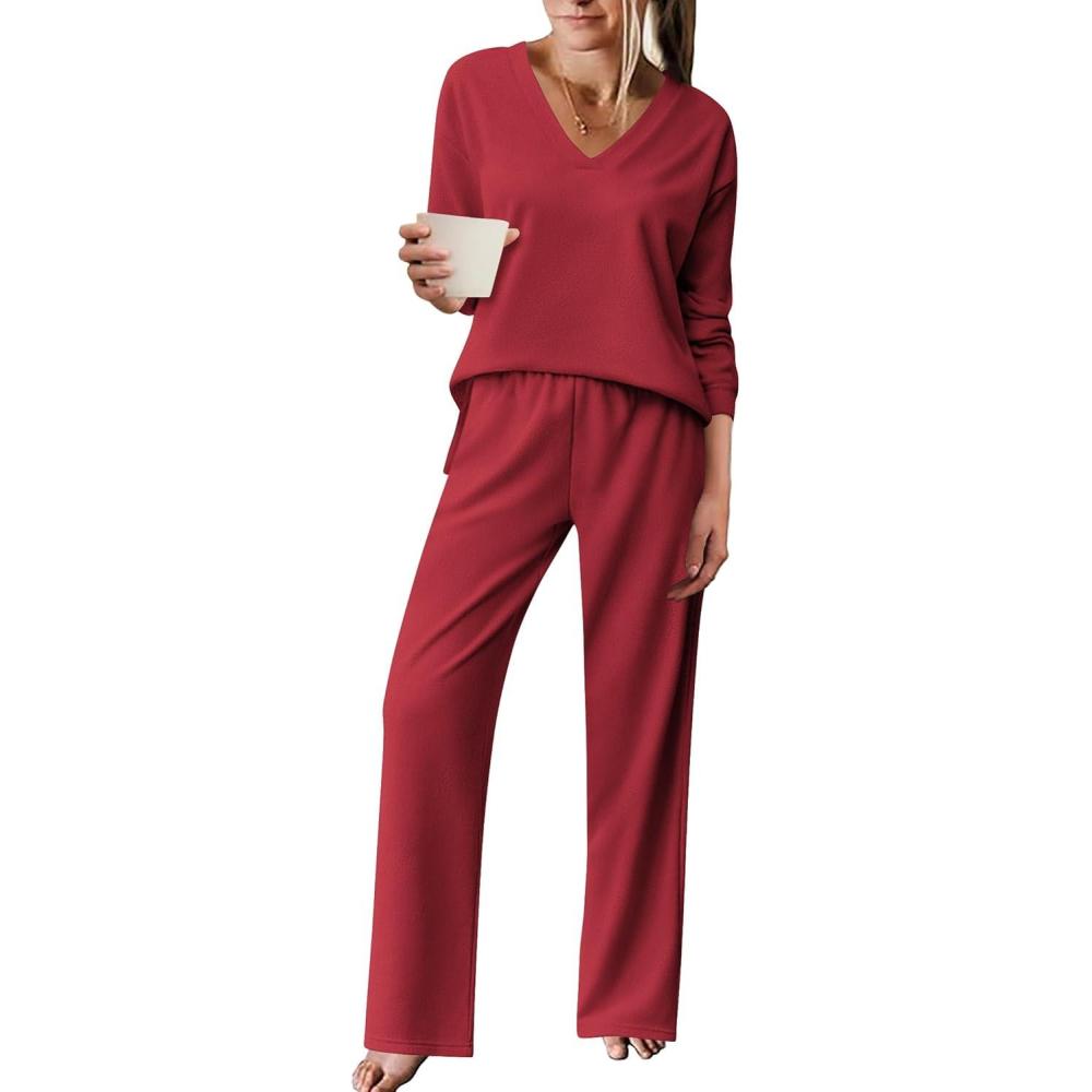 imageEkouaer Pajama for Womens Set Ploar Fleece Long Sleeve Lounge Sets Fall Pjs V Neck Comfy Sleepwear with PocketsRed