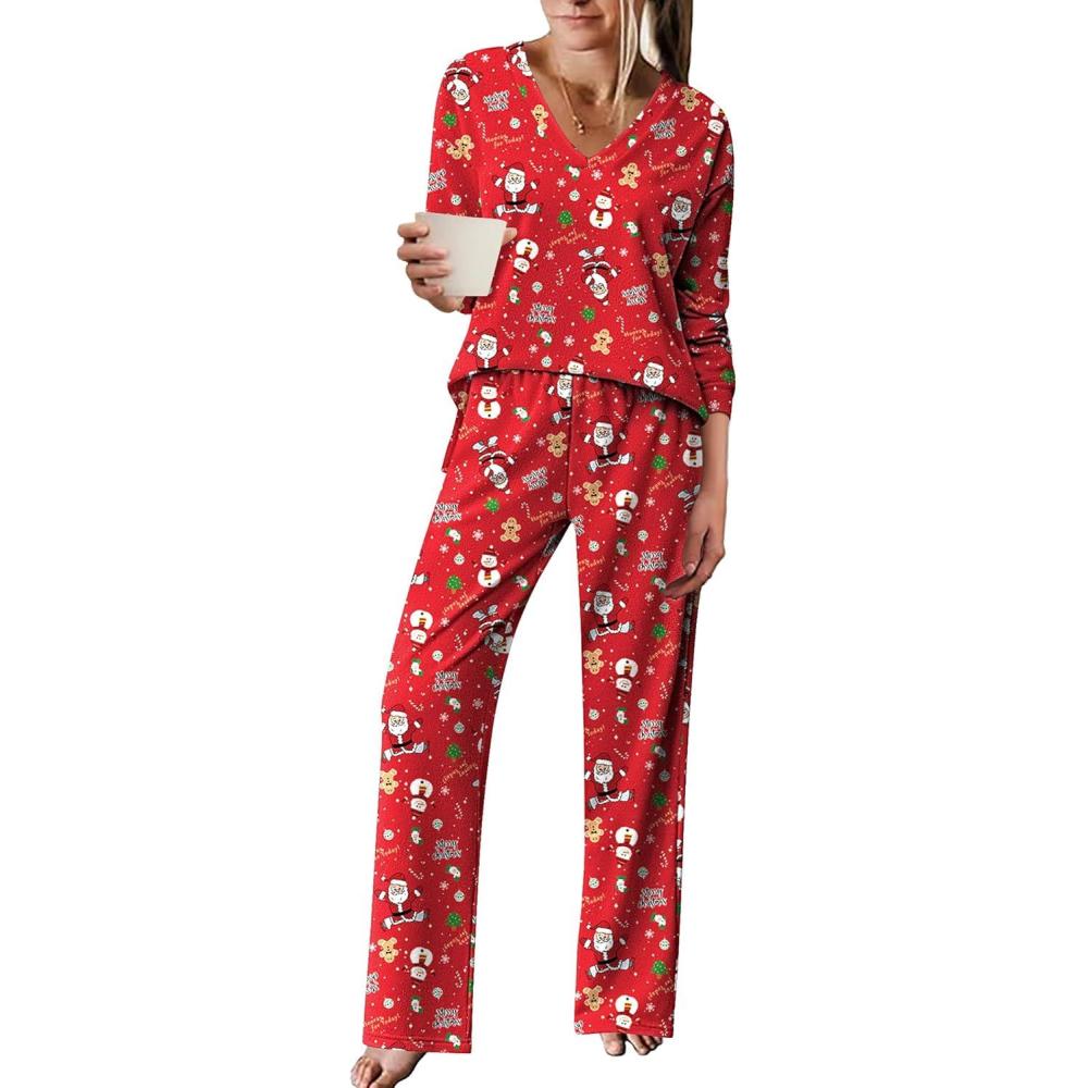 imageEkouaer Pajama for Womens Set Ploar Fleece Long Sleeve Lounge Sets Fall Pjs V Neck Comfy Sleepwear with PocketsRed Christmas Santa