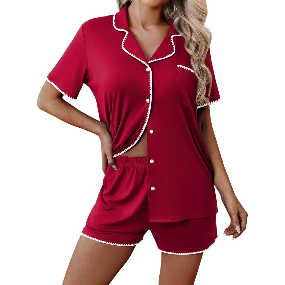 imageEkouaer Pajamas for Women Set 2 Piece Soft Button Up Pjs Short Sleeve Summer Lounge Sets Comfy SleepwearDeep Red