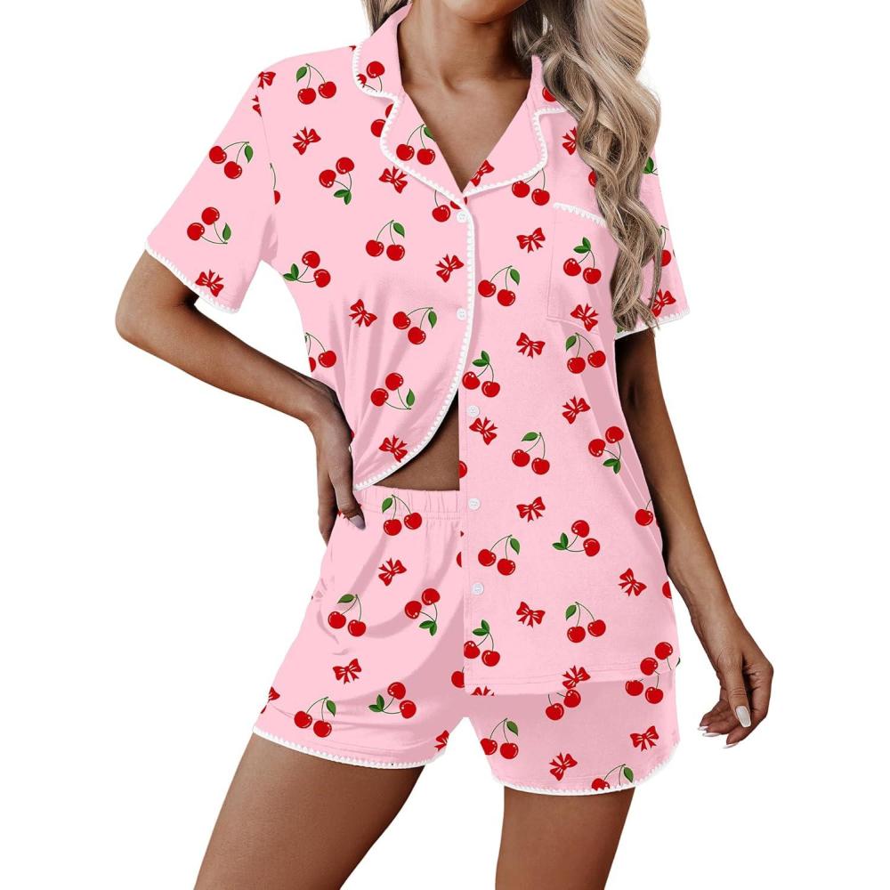 imageEkouaer Pajamas for Women Set 2 Piece Soft Button Up Pjs Short Sleeve Summer Lounge Sets Comfy SleepwearRed Cherry