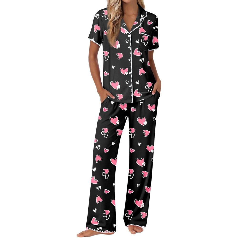imageEkouaer Pajamas for Women Set Button Up Soft Pjs Short Sleeve 2 Piece Lounge Sets Comfy SleepwearBlack With Pink Hearts