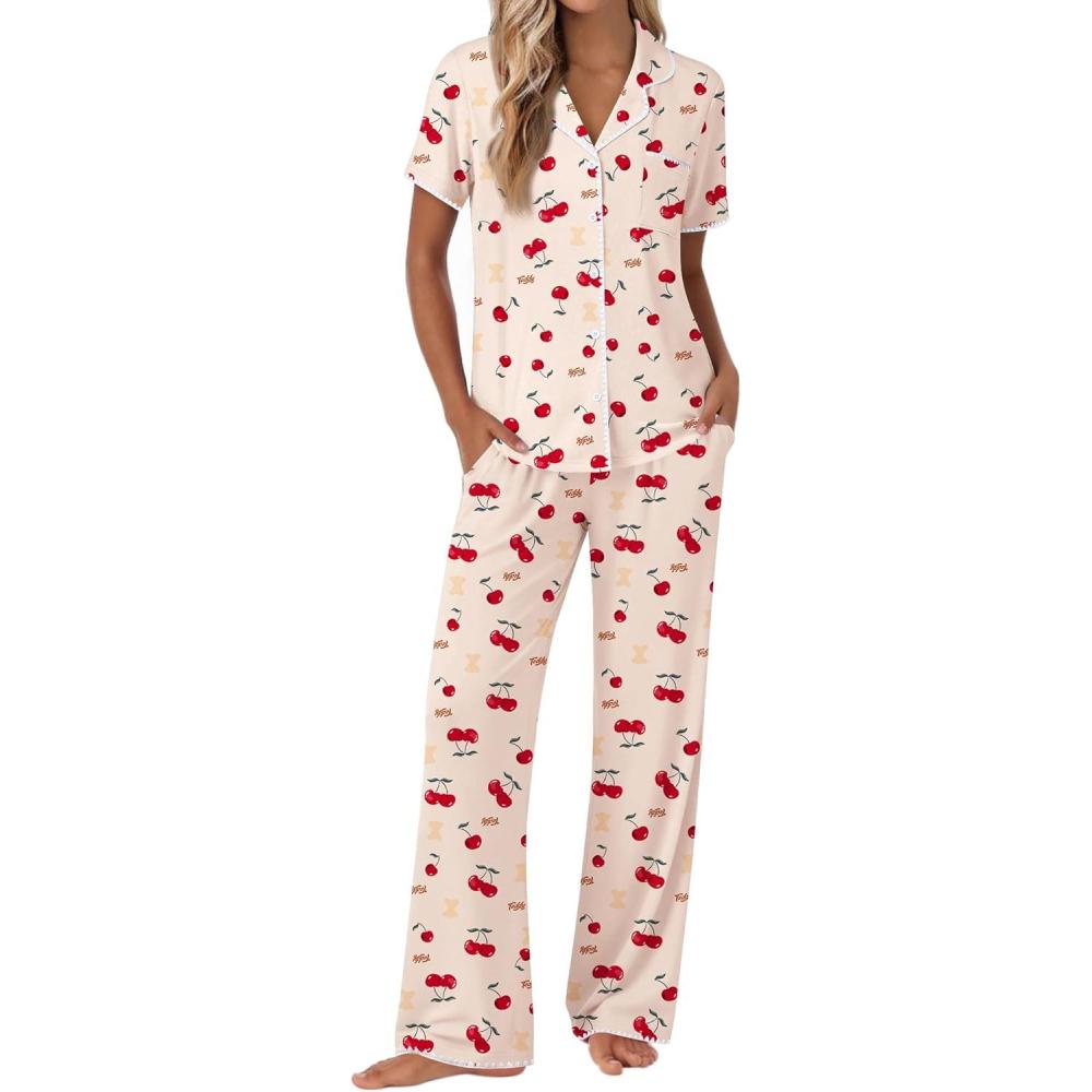 imageEkouaer Pajamas for Women Set Button Up Soft Pjs Short Sleeve 2 Piece Lounge Sets Comfy SleepwearCherry Teddy Bear