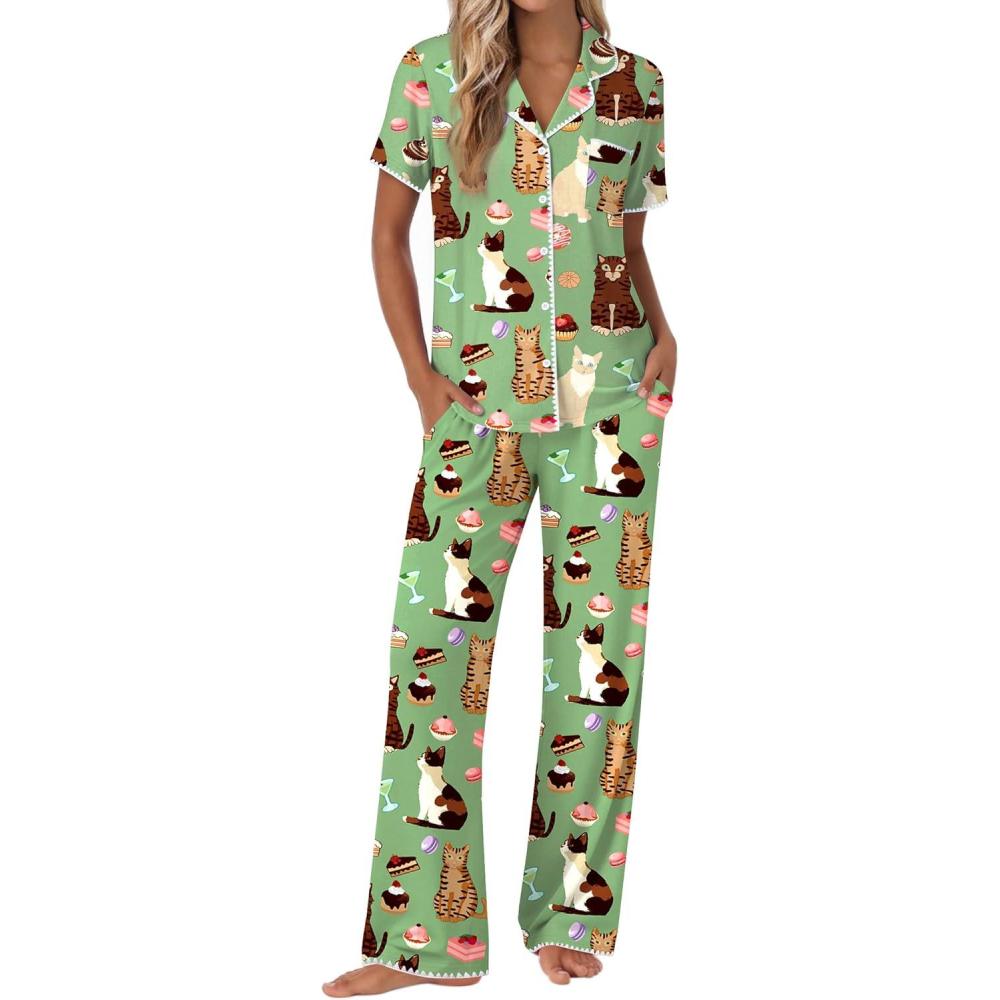 imageEkouaer Pajamas for Women Set Button Up Soft Pjs Short Sleeve 2 Piece Lounge Sets Comfy SleepwearGreen Cat Print