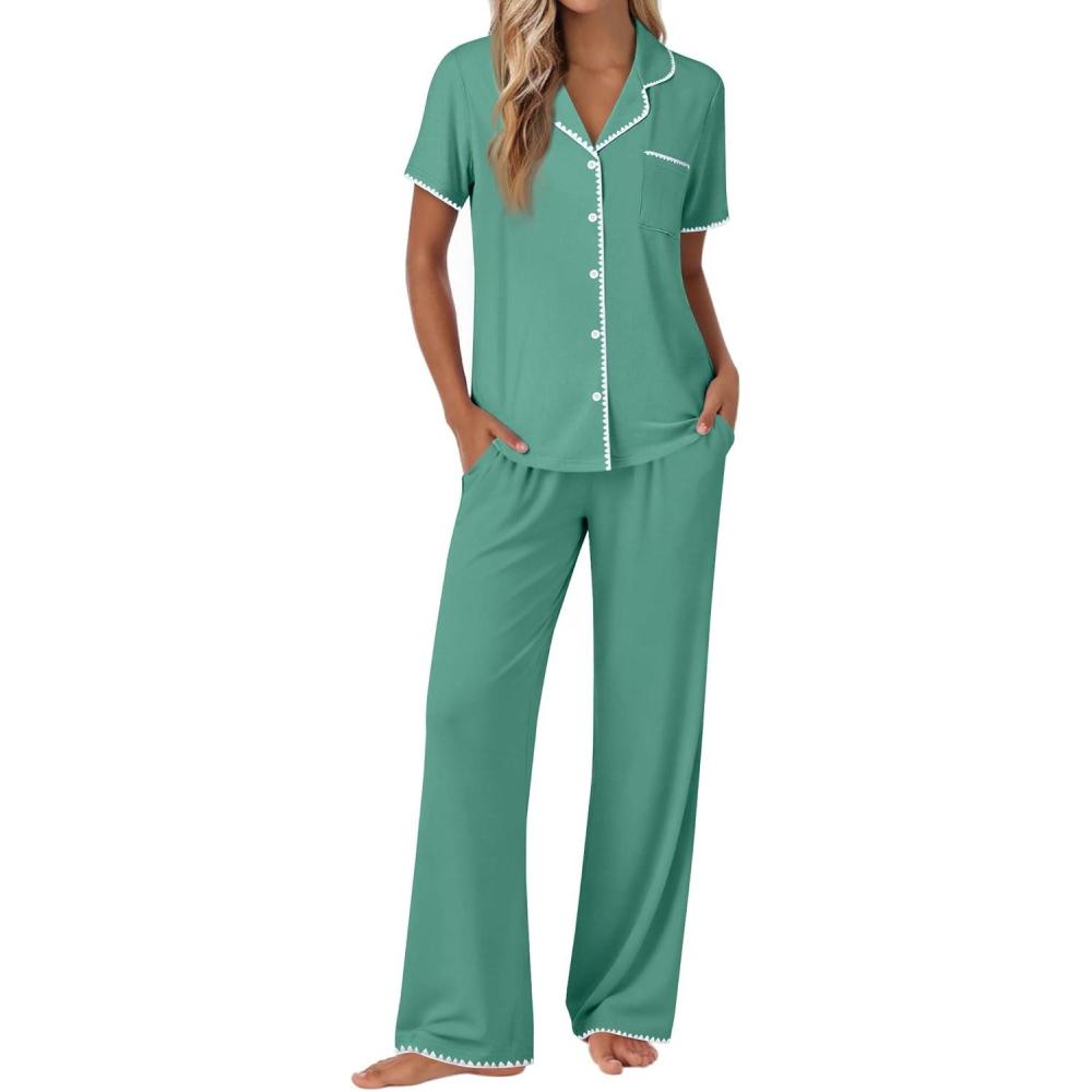 imageEkouaer Pajamas for Women Set Button Up Soft Pjs Short Sleeve 2 Piece Lounge Sets Comfy SleepwearGreen Gray