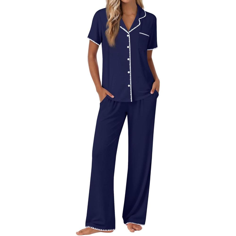 imageEkouaer Pajamas for Women Set Button Up Soft Pjs Short Sleeve 2 Piece Lounge Sets Comfy SleepwearNavy Blue