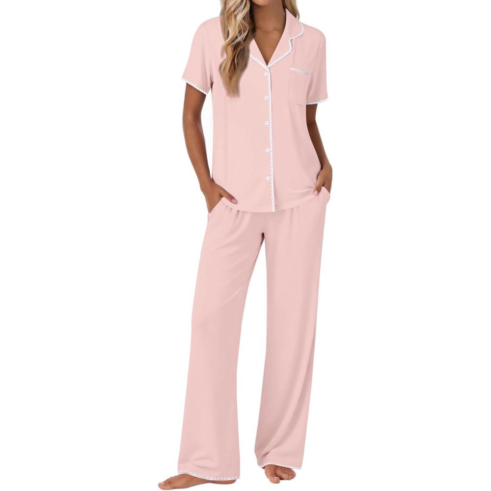 imageEkouaer Pajamas for Women Set Button Up Soft Pjs Short Sleeve 2 Piece Lounge Sets Comfy SleepwearPink