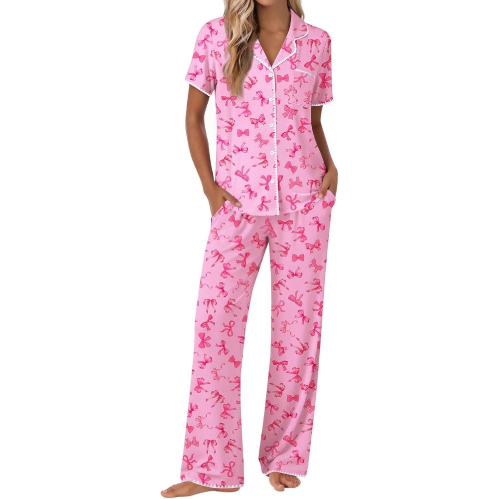 imageEkouaer Pajamas for Women Set Button Up Soft Pjs Short Sleeve 2 Piece Lounge Sets Comfy SleepwearPink Bow Tie