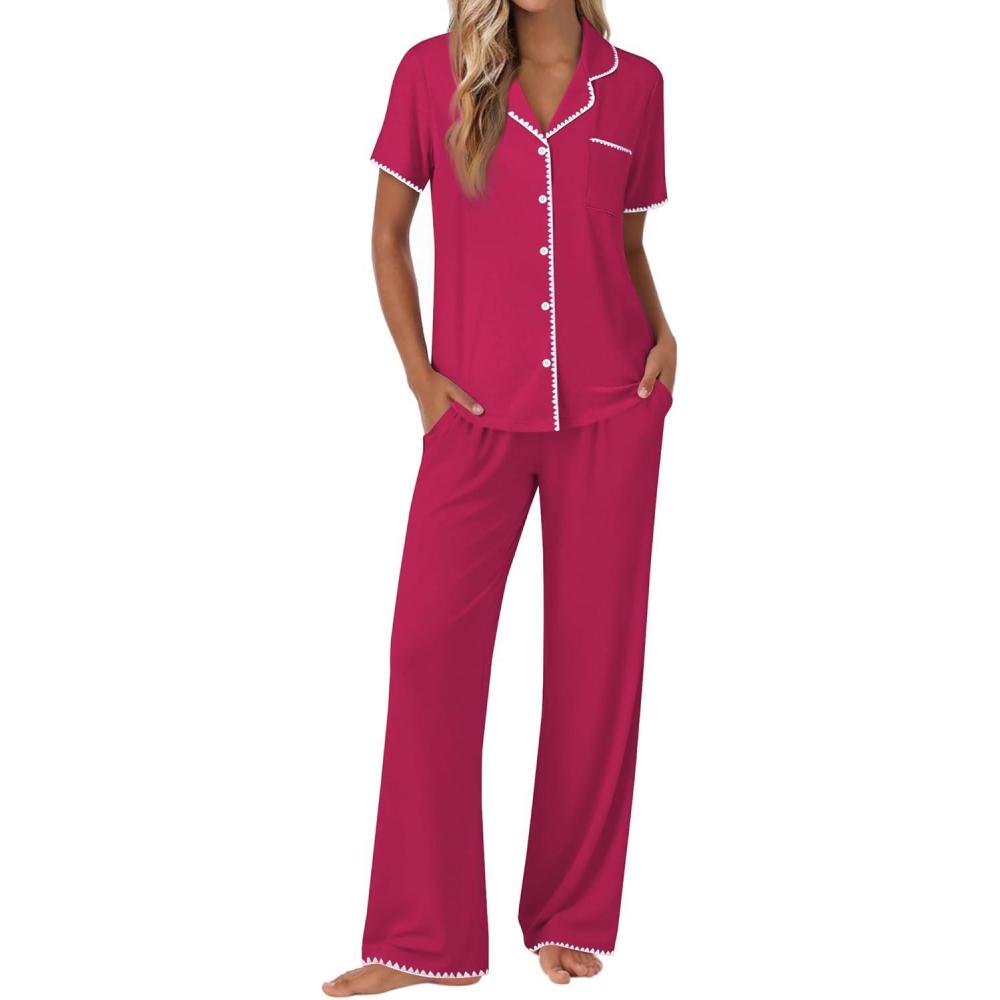 imageEkouaer Pajamas for Women Set Button Up Soft Pjs Short Sleeve 2 Piece Lounge Sets Comfy SleepwearRose Red