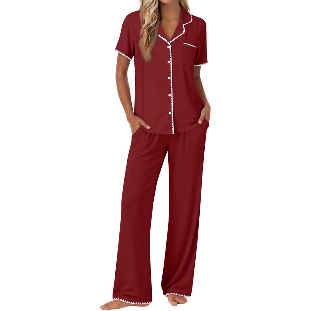 imageEkouaer Pajamas for Women Set Button Up Soft Pjs Short Sleeve 2 Piece Lounge Sets Comfy SleepwearWine Red
