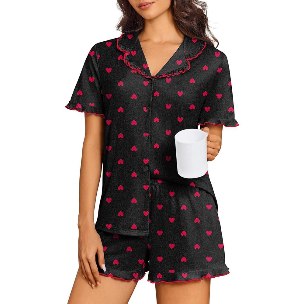 imageEkouaer Pajamas for Women Set Short Sleeve Button Down Pjs Cute Ruffle Sleepwear 2 Piece Soft Lounge SetsBlack Heart
