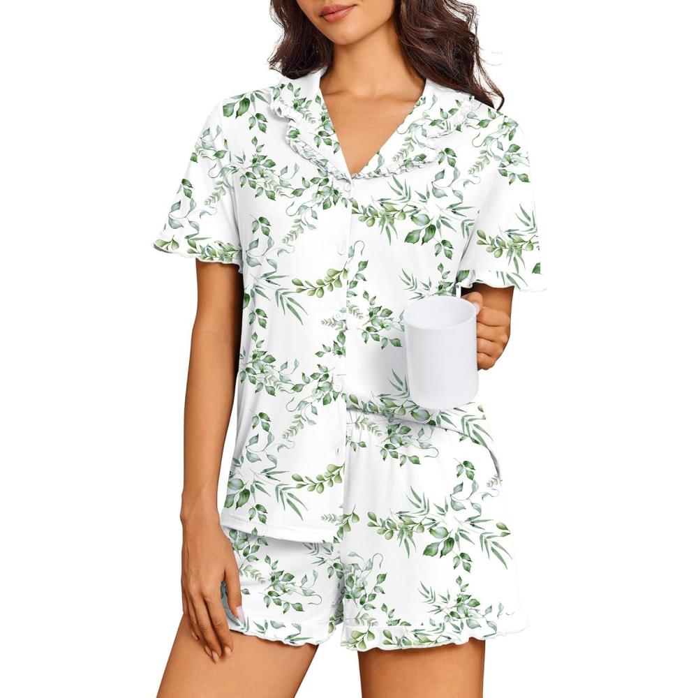 imageEkouaer Pajamas for Women Set Short Sleeve Button Down Pjs Cute Ruffle Sleepwear 2 Piece Soft Lounge SetsGreen Leaves